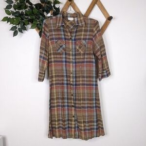 Vintage White Stag Linen Blend Plaid Long Sleeve Mini Shirt Dress - Size 6